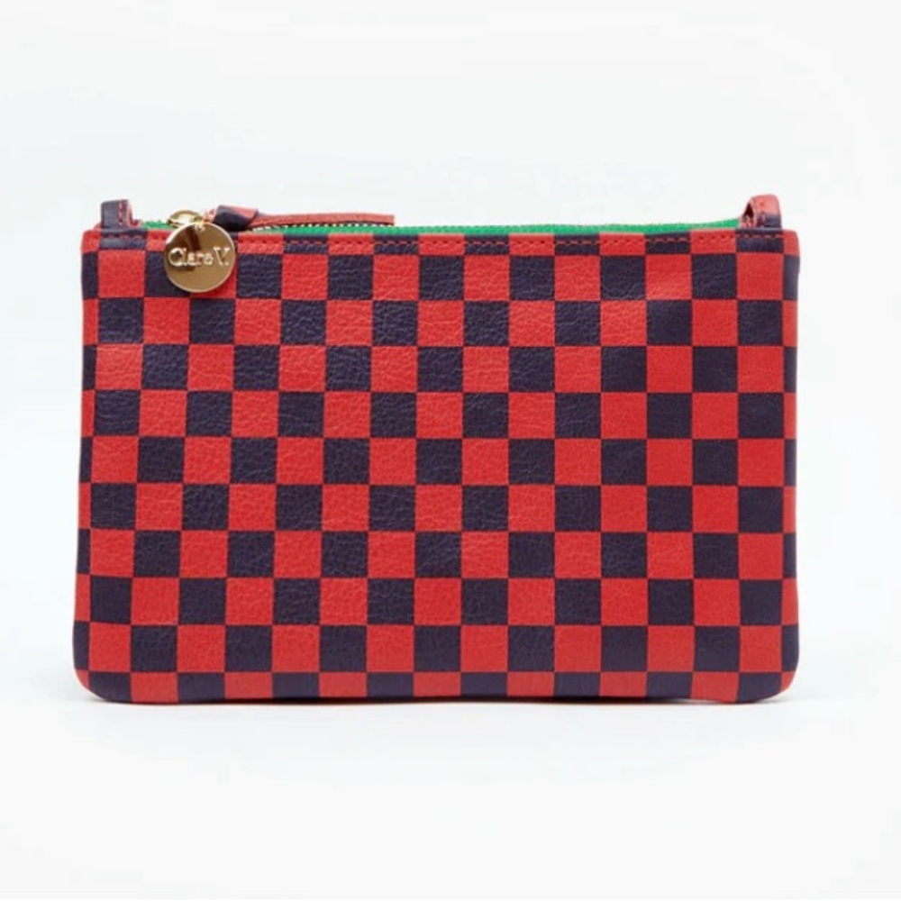 clare v red checkered wallet/wristlet clutch with tabs